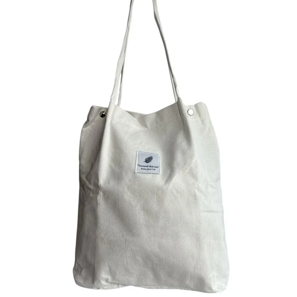 White Corduroy Tote Bag Minimal Canvas Shoulder Bag Snap Closure NEW